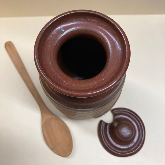 Hand Made Stoneware Ceramic Pottery Alberta Honey Pot Jar & Wooden Spoon + Lid - Picture 6 of 7